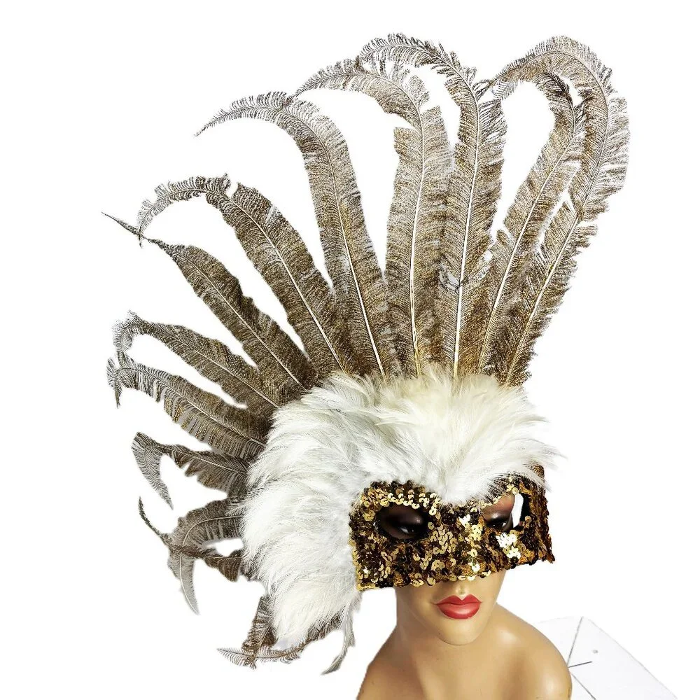 Showgirl Carnival Feather Gold White Mask Headdress Deluxe Vintage